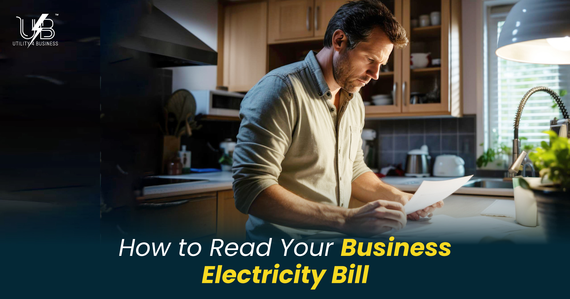 Business owner reviewing commercial electricity bill at kitchen counter to understand energy costs and charges